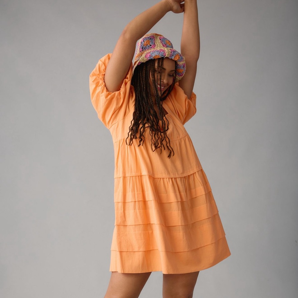 By  Anthropologie Orange Square-Neck Puff Sleeve Tiered Dress Size Large